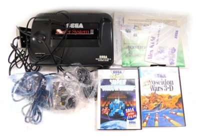 A Sega Master System II, with one controller and two games, Super Space Invaders and Poseidon Wars 3D.