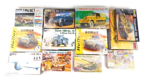 Various model kits, to include AVR Science Treasury Kubelwagen and BMW, Roden Opel Blitz, Revell Cromwell, etc.