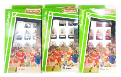 Three Subbuteo International Team sets, dating from the late 1980s to early 1990s, comprising West Germany 681, England (second) 720, and Italy 415, boxed.