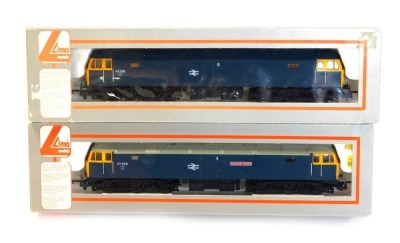 Lima Models OO gauge Class 47 diesel locomotives, comprising 47298, British Rail blue livery with yellow ends and 47596 Aldburgh Festival British Rail blue livery with yellow ends, boxed. (2)