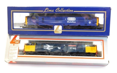 Lima Models OO gauge Class 37 diesel locomotives, comprising 37405 Strathclyde Region in British Rail blue livery, and 37798 in Mainline blue livery, boxed. (2)