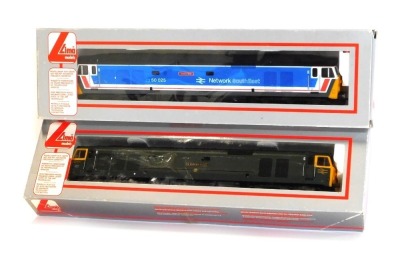 Lima Models OO gauge Class 50 diesel locomotives, comprising 50025 Invincible in Network South East blue livery, and 50007 Sir Edward Elgar in BR green livery, boxed. (2)