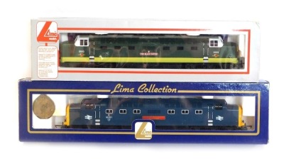 Lima Models OO gauge Class 55 Deltic diesel locomotives, comprising D9013 The Black Watch, limited edition 308/650, and 55021 Argyle and Southern Highland in BR blue livery, boxed. (2)