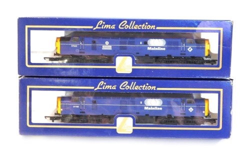 Lima Models OO gauge Class 37 locomotives, comprising 37798 in Mainline blue livery, and 37023 Stratford in Mainline blue livery, boxed. (2)