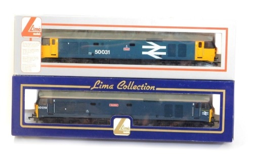 Lima Models OO gauge Class 50 diesel locomotives, comprising 50031 Hood in British Rail blue with yellow ends with large logo livery, limited edition 373/650, and 50019 Ramilies in BR Departmental blue livery, limited edition 131/600, boxed. (2)