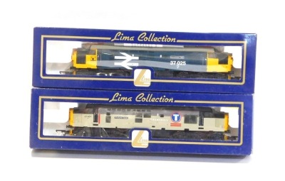 Lima Models OO gauge Class 37 locomotives, comprising 37407 Blackpool Tower in Trans Rail grey livery, and 37025 Inverness TMD in Revised Standard large logo blue livery, limited edition 337/500 boxed. (2)