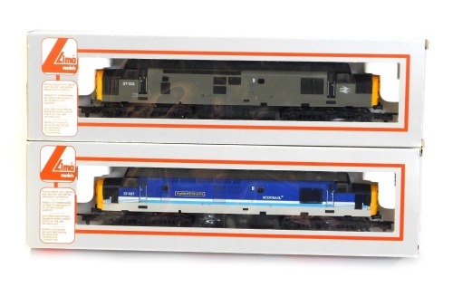 Lima Models OO gauge Class 37 diesel locomotives, comprising 37427 Highland Express in Scot Rail blue livery, and 37133 in British Rail grey livery, boxed. (2)