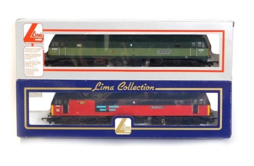 Lima Models OO gauge Class 47 diesel locomotives, comprising 47565 Responsive in red and graphite grey Rail Express Systems livery, and 47004 D1524 Old Oak Common in BR green two tone livery, boxed. (2)