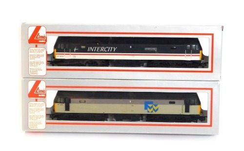 Lima Models OO gauge Class 47 diesel locomotives, comprising 47809 Finsbury Park in Intercity Swallow livery, and 47599 in Rail Freight Metal Sector triple grey livery, boxed. (2)