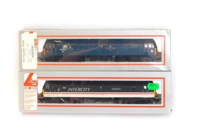 Lima Models OO gauge Class 47 diesel locomotives, comprising 47809 Finsbury Park, Intercity Swallow livery, and 47145 Merddin Emrys, Revised Tinsley blue livery, limited edition 99/100, boxed. (2)