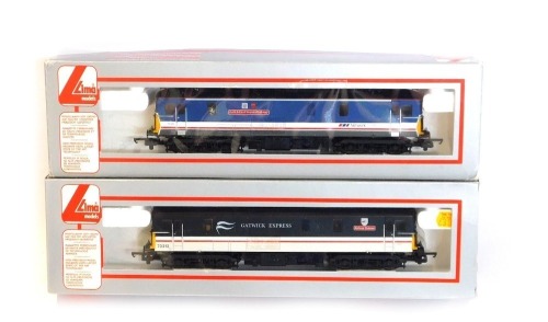 Lima Models OO gauge Class 73 electro-diesel locomotives, 73126 Kent and East Sussex Railway in Network South East red, white and blue livery, limited edition 256/650, and 73212 Airtour Swisse Gatwick Express livery, boxed. (2)