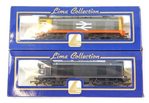 Lima Models OO gauge Class 20 diesel locomotives, comprising 20059 in Railfreight grey and yellow with red stripe livery, and 20042 in Waterman Railways livery with Disc headcode, boxed. (2)