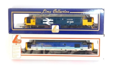 Lima Models OO gauge Class 37 diesel locomotives, comprising 37427 Highland Express in Scot Rail blue and grey livery, and 37025 Inverness TMD in Revised Standard large logo blue livery, limited edition 338/500, boxed. (2)