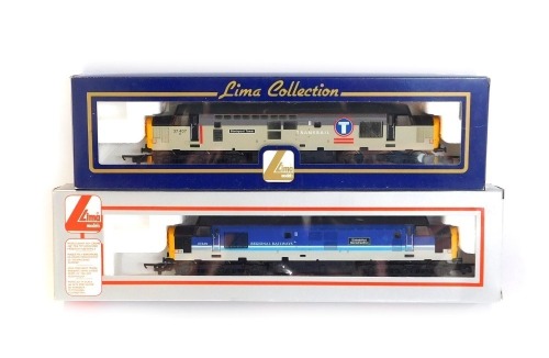 Lima Models OO gauge Class 37 diesel locomotives, comprising 37429 Eisteddfod Genedlaethol in Regional Railways blue and grey livery, and 37407 Blackpool Tower in Trans Rail Grey livery, boxed. (2)