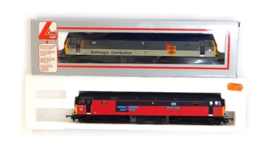 Lima Models OO gauge Class 47 diesel locomotives, comprising 47749 Atlantic College in red and graphite grey Rail Express Systems livery, and 47241 in Railfreight Distribution grey livery, boxed. (2)