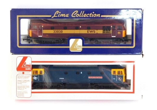 Lima Models OO gauge Class 33 diesel locomotives, comprising D6535 33116 Hereford Rail Tours in BR blue livery, and 33030 in EWS livery, boxed. (2)