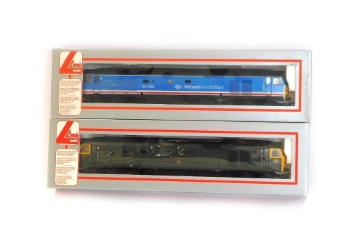 Lima Models OO gauge Class 50 locomotives, comprising 50028 Tiger in Network South East blue, white and red livery, and 50007 Sir Edward Elgar in BR Brunswick Green livery, boxed. (2)