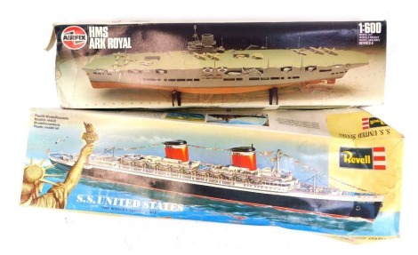 An Airfix HMS Ark Royal model kit, Series 4, together with a Revell SS United States ocean liner. (2)