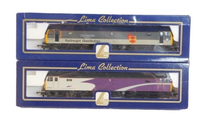 Lima Models OO gauge Class 47 diesel locomotives, comprising 47375 Tinsley Traction Depot in Rail Freight Distribution two tone grey, and 47817 in Porterbrook white and purple livery, boxed. (2)