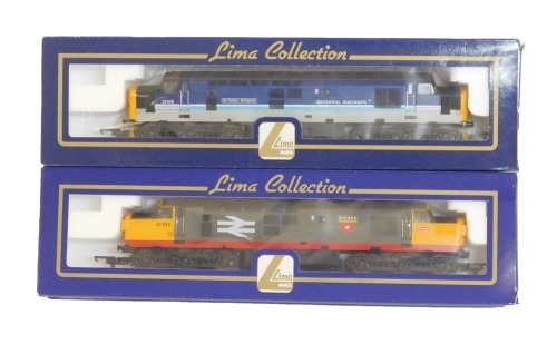 Lima Models OO gauge Class 37 diesel locomotives, comprising 37032 Mirage Railfreight red stripe livery, and 37425 Sir Robert McAlpine "Concrete Bob" in Regional Railways blue and grey with white stripe livery, boxed. (2)