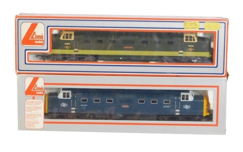 Lima Models OO gauge Class 55 Deltic locomotives, comprising 55007 Pinza in BR blue livery, and D9009 Alycidon in BR green livery, boxed. (2)