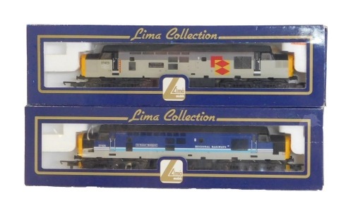 Lima Models OO gauge Class 37 locomotives, comprising 37073 Fort William, Railfreight Distribution grey livery, and 37425 Sir Robert McAlpine "Concrete Bob" in Regional Railways blue and grey with white stripe livery, boxed. (2)