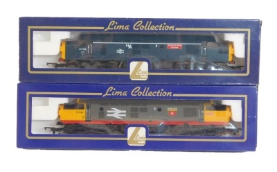 Lima Models OO gauge Class 37 diesel locomotives, comprising 37032 Mirage in BR Railfreight livery, and 37095 British Steel Teeside in BR blue livery, boxed. (2)