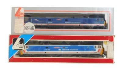 Lima Models OO gauge Class 50 diesel locomotives, comprising 50017 Royal Oak in Network South East blue, white and red livery, and 50035 Ark Royal in Network South East blue, white and red livery, limited edition 805/850, boxed. (2)