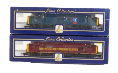 Lima Models OO gauge Class 37 diesel locomotives, comprising 37717 Maltby Lily Hall Junior School Rotherham Rail Safe Trophy Winners 1996 in EWS livery, and 37116 in Trans Rail ex BR blue livery, boxed. (2)