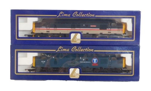 Lima Models OO gauge Class 37 diesel locomotives, comprising 37424 Isle of Mull, BR Intercity Mainline livery, and 37116 Trans Rail ex BR blue livery, boxed. (2)