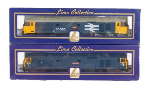 Lima Models OO gauge Class 50 locomotives, comprising 50001 Dreadnought, and 50050 Peco 1946-1996 Golden Jubilee, BR blue with yellow ends, boxed. (2)