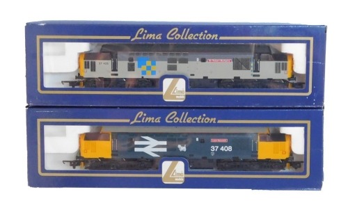 Lima Models OO gauge Class 37 diesel locomotives, comprising 37408 Loch Rannoch, BR large logo blue with Scotty Dog, and 37425 Sir Robert McAlpine "Concrete Bob", Train Load Construction livery, boxed. (2)