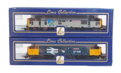 Lima Models OO gauge Class 37 diesel locomotives, comprising 37408 Loch Rannoch, BR large logo blue with Scotty Dog, and 37425 Sir Robert McAlpine "Concrete Bob", Train Load Construction livery, boxed. (2)