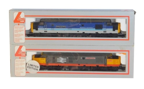 Lima Models OO gauge Class 37 diesel locomotives, comprising 37414 Cathays C and W Works, Regional Railways blue and grey with white striped livery, and 37675 William Cookworthy, Railfreight grey and red livery, boxed. (2)