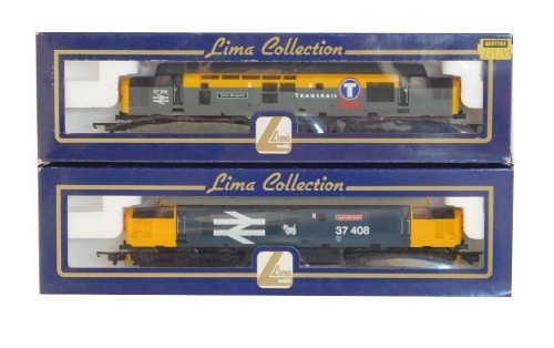 Lima Models OO gauge Class 37 locomotives, comprising 37201 St Margaret, Trans Rail Dutch yellow and grey, and 37408 Loch Rannoch, BR blue large logo with Scotty Dog, boxed. (2)