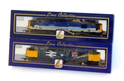 Lima Models OO gauge Class 37 locomotives, comprising 37422 Robert F Fairly Locomotive Engineer 1831-1885, Regional Railways blue and grey with white stripe, and 37111 Loch Eil Outward Bound, BR blue with large logo and Scotty Dog, boxed. (2)