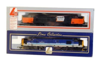 Lima Models OO gauge Class 37 locomotives, comprising 37422 Robert F Fairly Locomotive Engineer 1831-1885, Regional Railways blue and grey livery with white stripe, and 37713, Load Haul black and orange livery, boxed. (2)