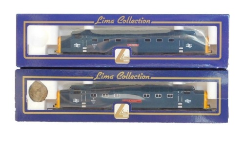 Lima Models OO gauge Class 55 Deltic locomotives, comprising 55021 Argyle and Southern Highland, BR blue, and 55017 The Durham Light Infantry, BR blue, boxed. (2)