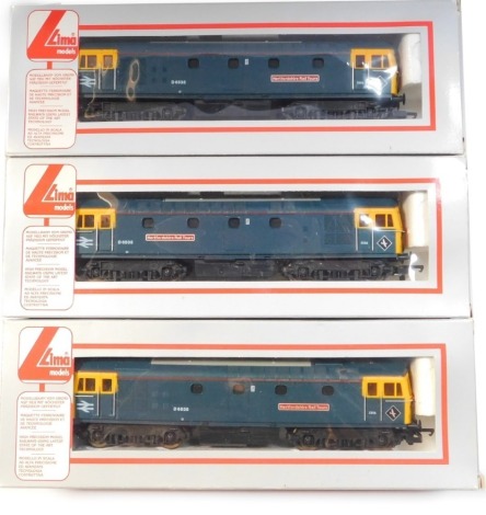 Lima Models OO gauge Class 33 locomotives, comprising D6535 Hertfordshire Rail Tours, BR blue with yellow ends, boxed. (3)