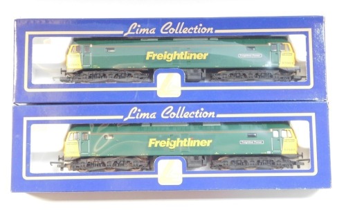 Lima Models OO gauge Class 57 diesel locomotives, 57001 Freight Line Pioneer, Freight Liner green livery, boxed. (2)