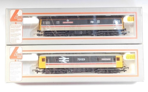 Lima Models OO gauge Class 73 locomotives, comprising 73123 Gatwick Express, and 73130 City of Portsmouth, boxed. (2)