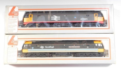 Lima Models OO gauge Class 47 locomotives, comprising 47716 Duke of Edinburgh's Award in Scot Rail livery, and 47301 Railfreight with red stripe livery, boxed. (2)