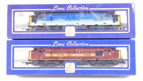 Lima Models OO gauge Class 37 locomotives, comprising 37714, EWS livery, and 37420 The Scottish Hosteller, Regional Railways livery, boxed. (2)