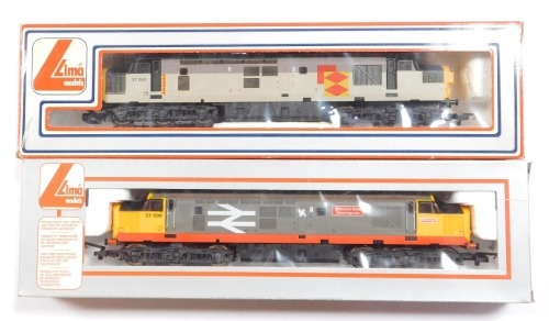 Lima Models OO gauge Class 37 locomotives, comprising 37506 British Steel Skillingrove, Railfreight grey and red stripe livery, and 37063, Distribution Sector livery, boxed. (2)