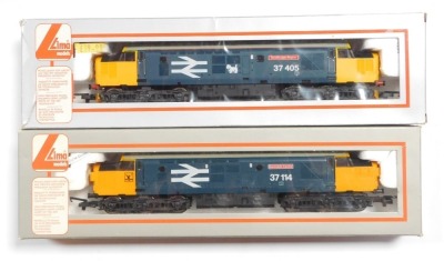 Lima Models OO gauge Class 37 locomotives, comprising 37405 Strathclyde Region, BR blue with large logo and Scottie Dog, and 37114 Dunrobin Castle, BR blue with large logo, boxed. (2)