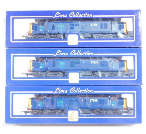 Lima Models OO gauge Class 37 locomotives, comprising 37611, DRS livery, 37609, DRS livery, and 37610, DRS livery, boxed. (3)