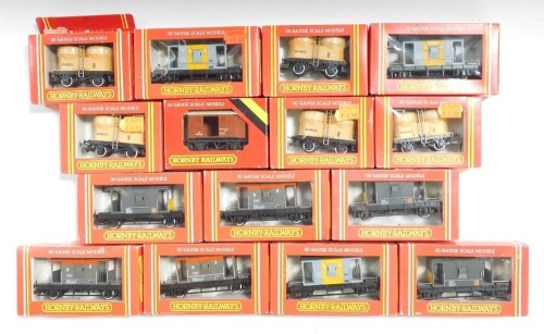 Hornby OO gauge rolling stock, including R049 20 ton brake van Sub Sector, R205 BR ventilated van, R089 20 ton brake van Service Department, R095 twin silo wagon bulk powder, etc. (15)