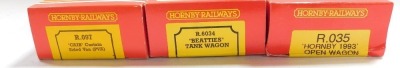 Hornby OO gauge rolling stock, including R097 Caib curtain sided van PVA, R035 Hornby 1993 open wagon, and R6034 BT tank wagon, boxed. (18) - 2