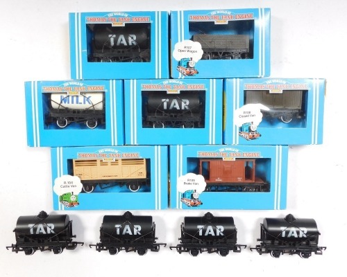 Hornby Thomas The Tank Engine OO gauge rolling stock, including R108 closed van, R107 open wagon, R305 tar tanker, R105 Tidmouth Milk tank, boxed and unboxed. (11)