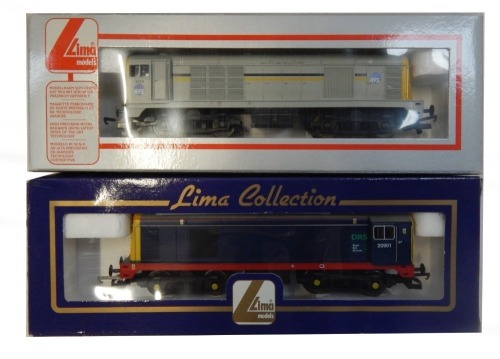 Lima Models OO gauge Class 20 locomotives, comprising 20901, DRS livery, and 2014, RFS grey with black and yellow stripe livery, boxed. (2)